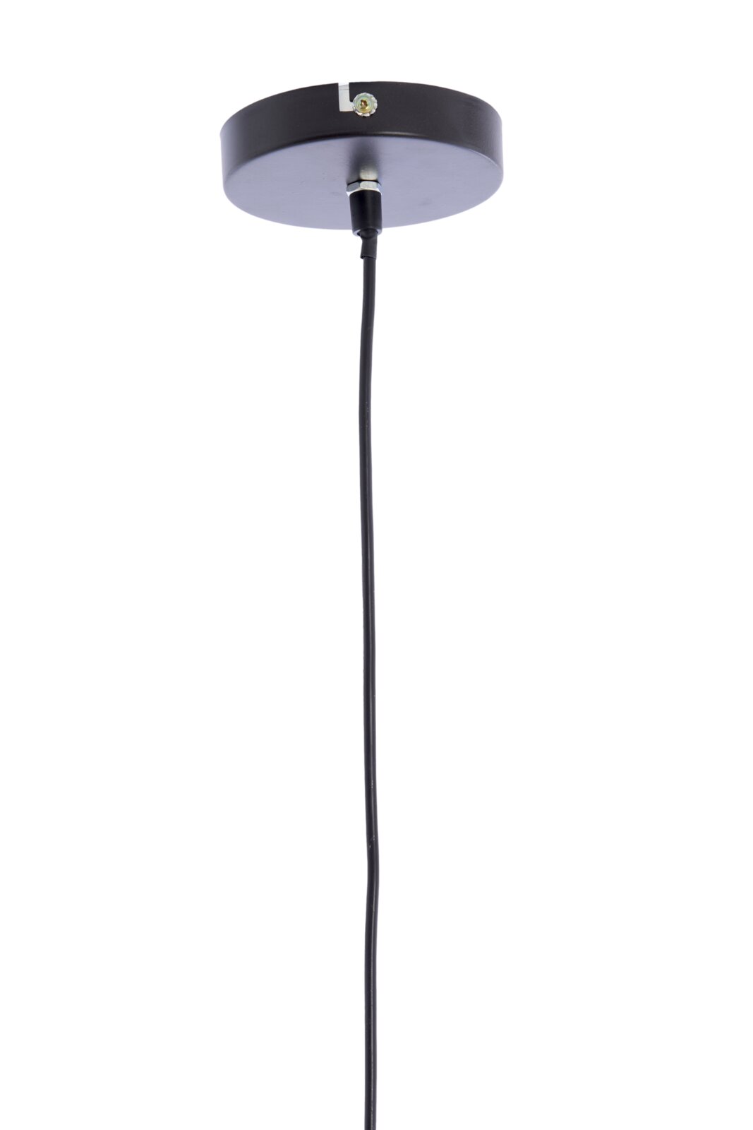 Ansicht von unten auf eine schwarze Hängeleuchte mit rundem Baldachin und Kabel.