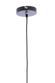 Ansicht von unten auf eine schwarze Hängeleuchte mit rundem Baldachin und Kabel.