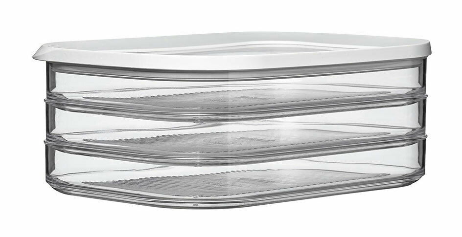 Transparente Kühlschrankdose Modula mit weißem Deckel, seitliche Perspektive