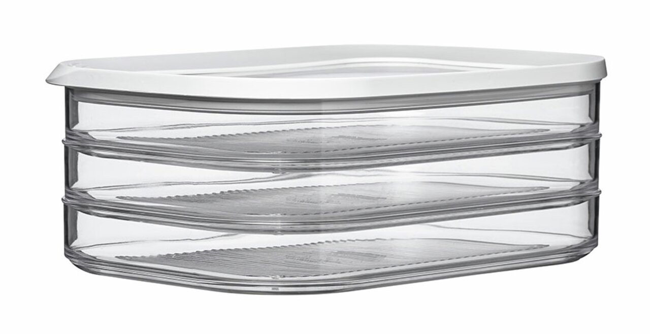 Transparente Kühlschrankdose Modula mit weißem Deckel, seitliche Perspektive