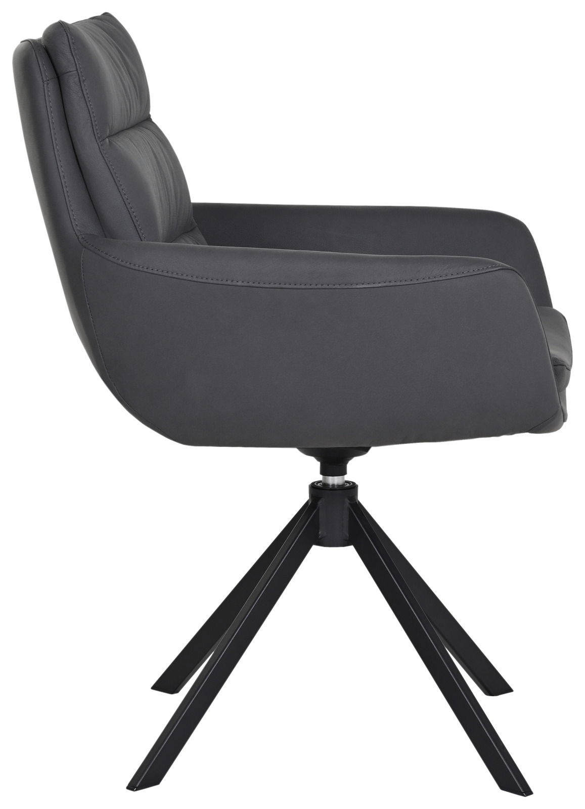 Moderner Sessel in Seitenansicht mit schwarzem Lederbezug und Metallgestell.