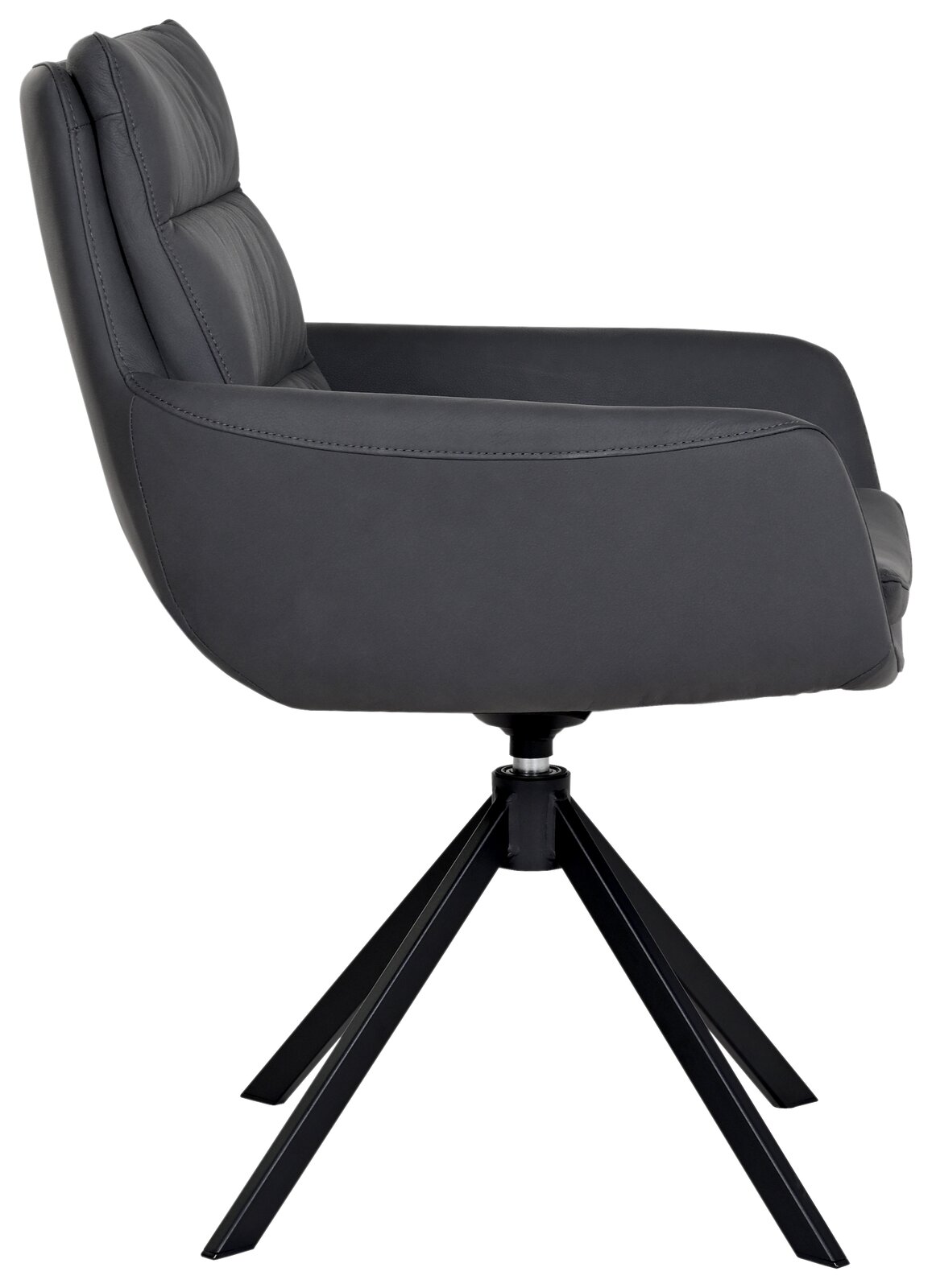 Moderner Sessel in Seitenansicht mit schwarzem Lederbezug und Metallgestell.