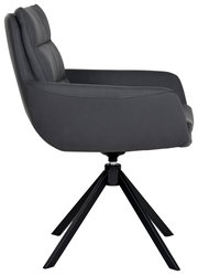 Moderner Sessel in Seitenansicht mit schwarzem Lederbezug und Metallgestell.