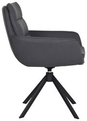 Moderner Sessel in Seitenansicht mit schwarzem Lederbezug und Metallgestell.