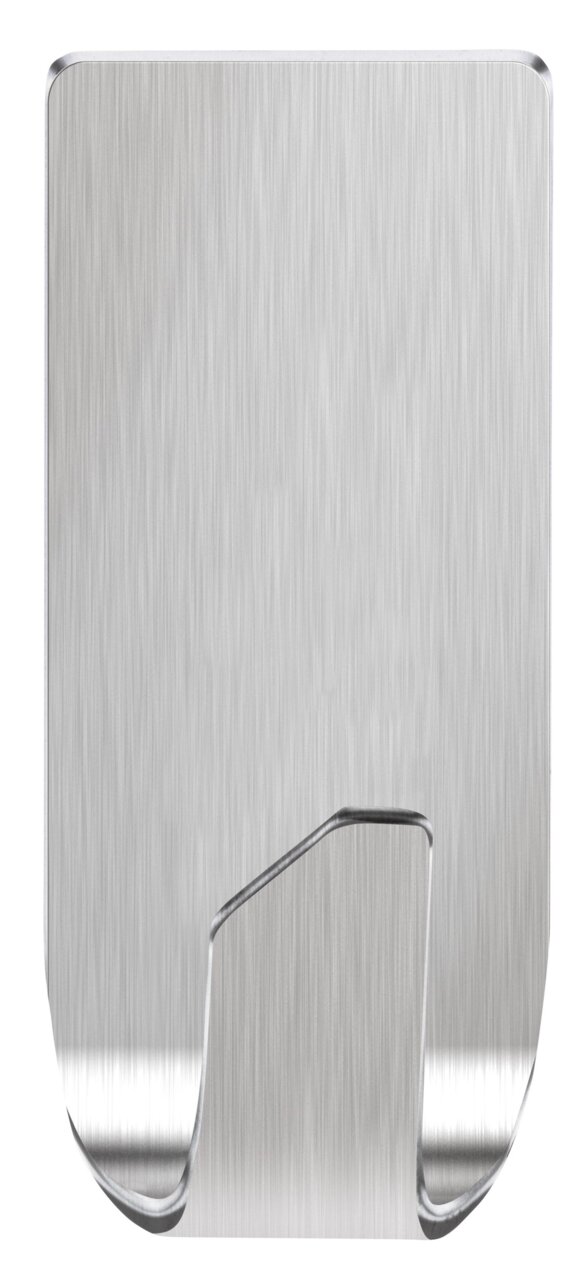 Tesa Powerstrips 2-tlg.WATERPROOF Metallischer Haken in Nahaufnahme, frontal betrachtet, geeignet für den Einsatz in feuchten Umgebungen.