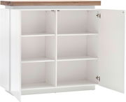 Weißes Highboard mit Holztop, offene Tür, seitliche Perspektive