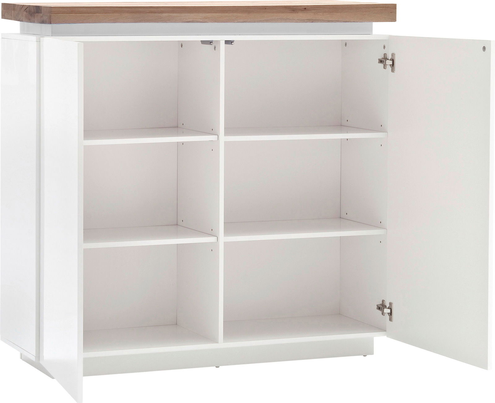 Weißes Highboard mit Holztop, offene Tür, seitliche Perspektive