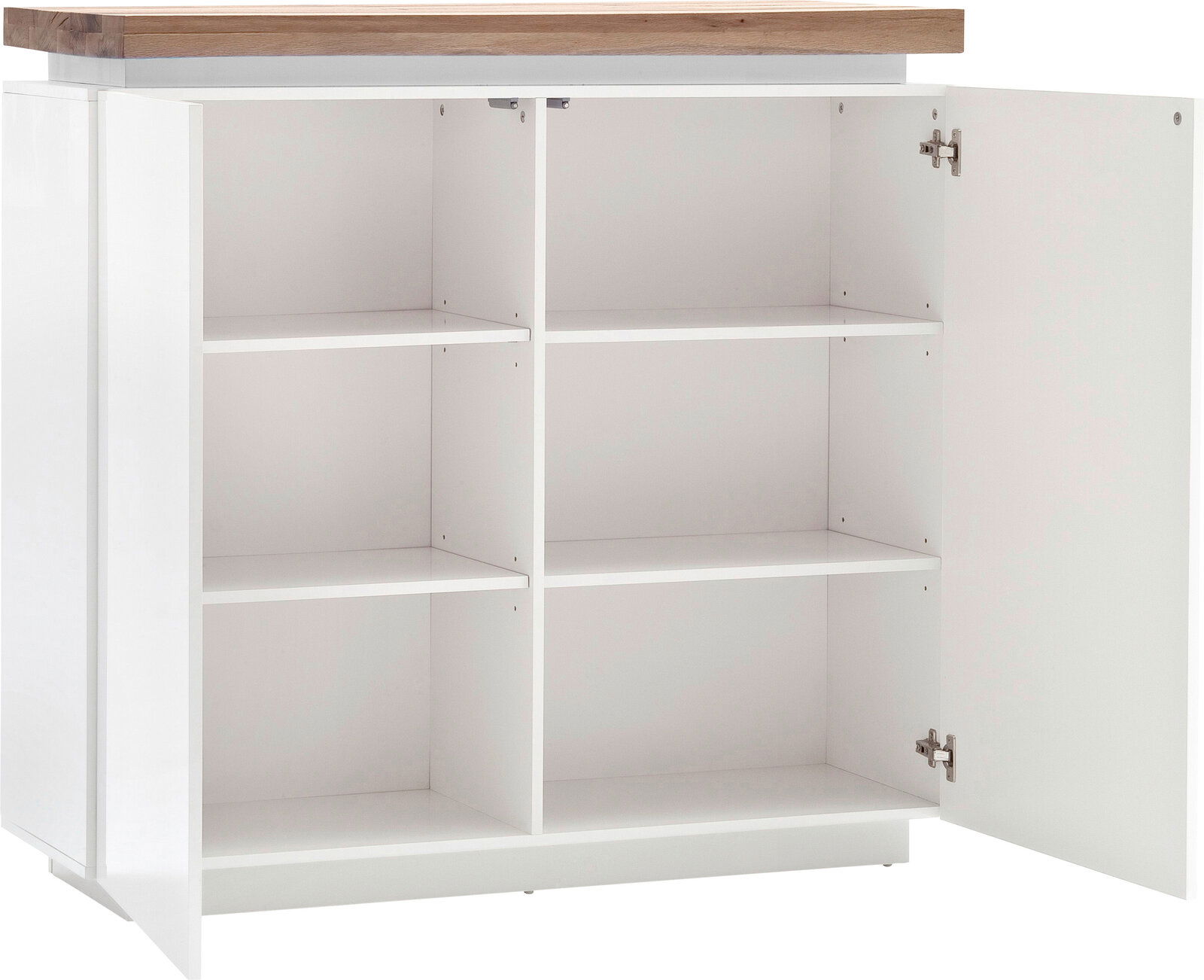 Weißes Highboard mit Holztop, offene Tür, seitliche Perspektive