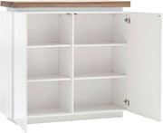 Weißes Highboard mit Holztop, offene Tür, seitliche Perspektive