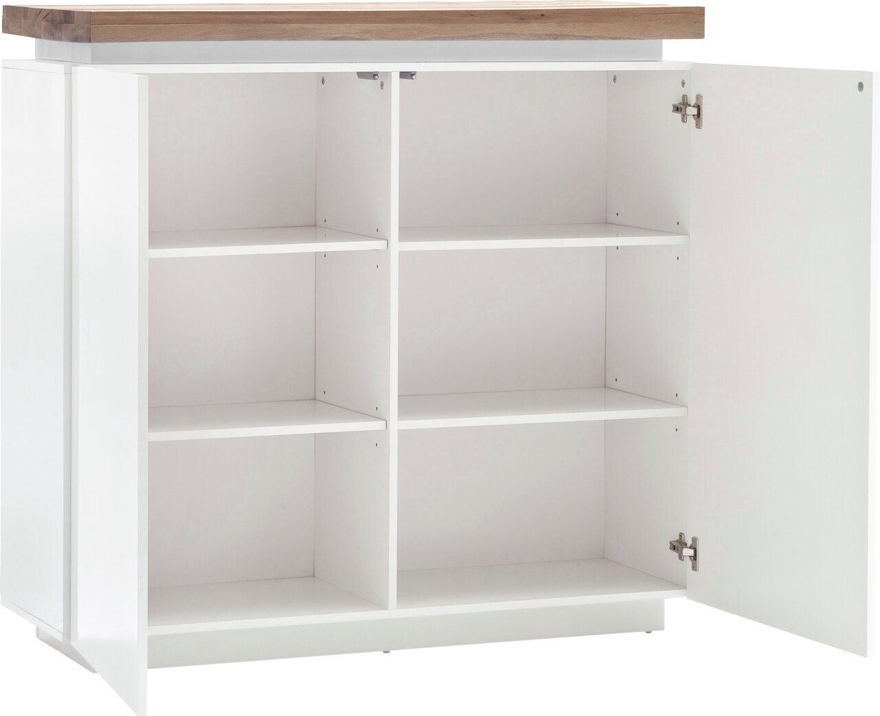 Weißes Highboard mit Holztop, offene Tür, seitliche Perspektive