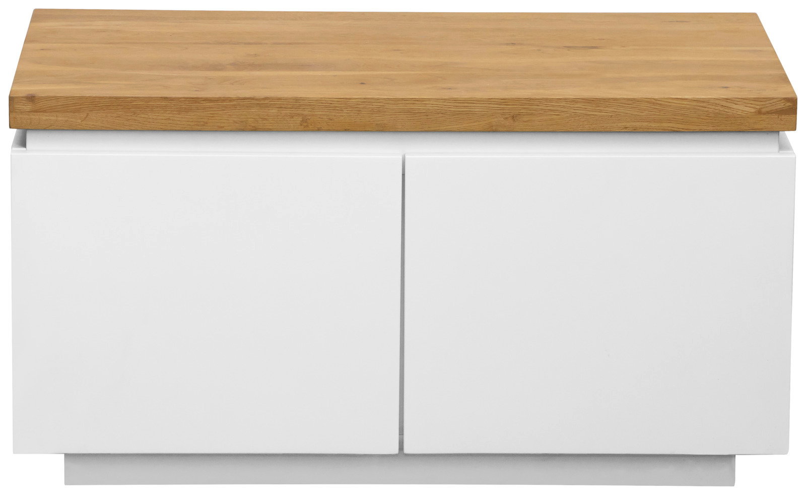 Garderobenbank mit weißem Korpus und Holzoberfläche, frontale Ansicht