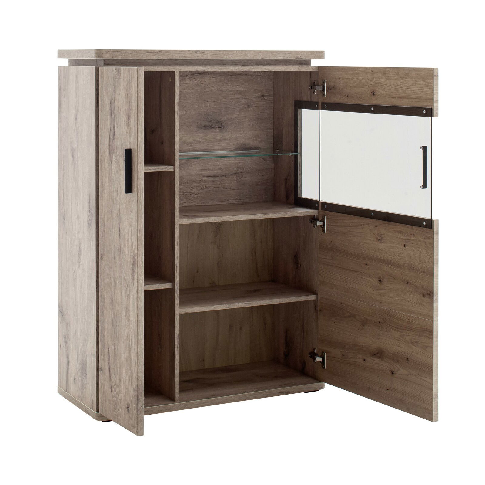 Zurbrüggen Highboard MODENA Geöffnetes Highboard aus Holz mit mehreren Regalböden und Glaseinsatz, Perspektive von vorne