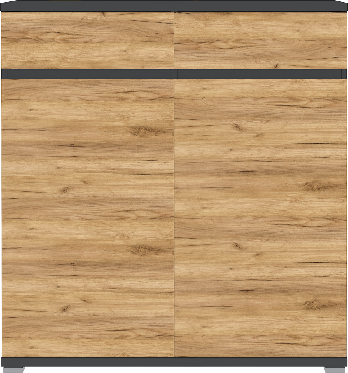 Schuhschrank aus Holz mit zwei großen Türen und zwei Schubladen, frontal betrachtet