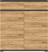 Schuhschrank aus Holz mit zwei großen Türen und zwei Schubladen, frontal betrachtet