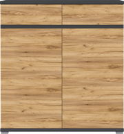 Schuhschrank aus Holz mit zwei großen Türen und zwei Schubladen, frontal betrachtet