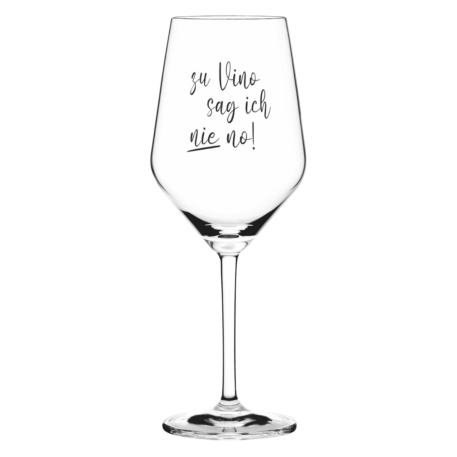 Weinglas mit der Aufschrift 'zu Vino sag ich nie no!' in Frontalansicht