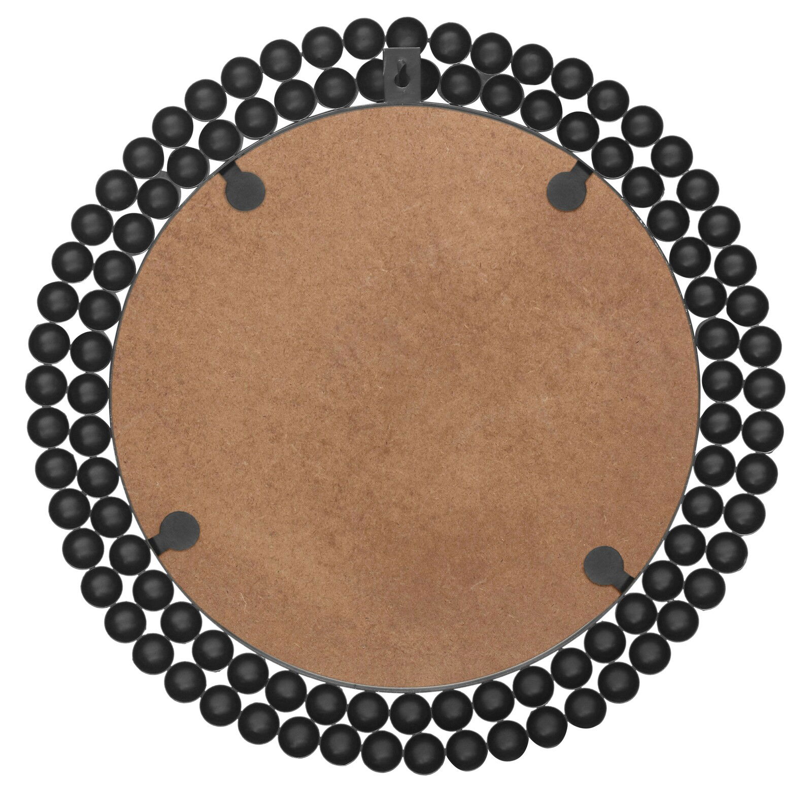 Rückansicht eines runden Spiegels mit einem Durchmesser von 46 cm, umgeben von einer dekorativen schwarzen Kugelrahmen.