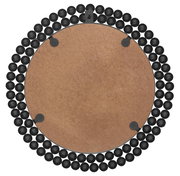 Rückansicht eines runden Spiegels mit einem Durchmesser von 46 cm, umgeben von einer dekorativen schwarzen Kugelrahmen.