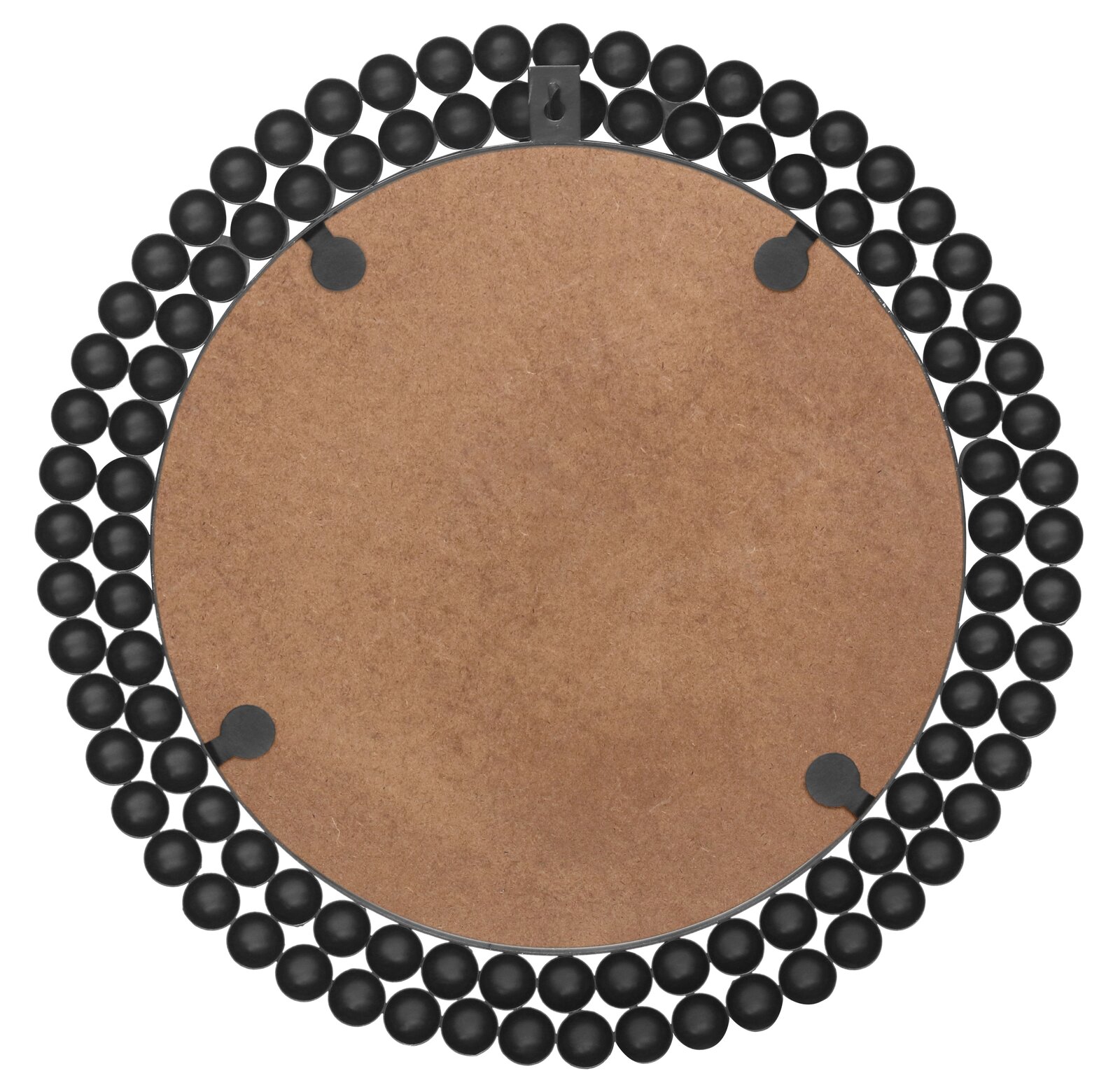 Rückansicht eines runden Spiegels mit einem Durchmesser von 46 cm, umgeben von einer dekorativen schwarzen Kugelrahmen.