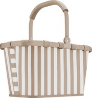 Beige-weiß gestreifter Einkaufskorb mit klappbarem Tragebügel und Stoffbespannung, frontal in leichter Schrägansicht von oben freigestellt auf weißem Hintergrund.