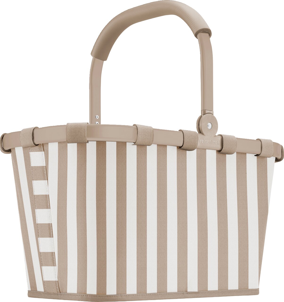 Beige-weiß gestreifter Einkaufskorb mit klappbarem Tragebügel und Stoffbespannung, frontal in leichter Schrägansicht von oben freigestellt auf weißem Hintergrund.