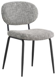 Moderner Stuhl mit grauem Stoffbezug und schwarzen Metallbeinen, seitliche Perspektive