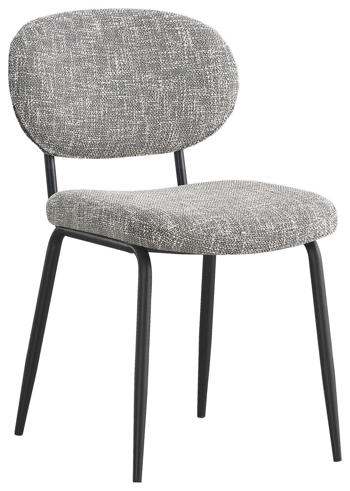 Moderner Stuhl mit grauem Stoffbezug und schwarzen Metallbeinen, seitliche Perspektive