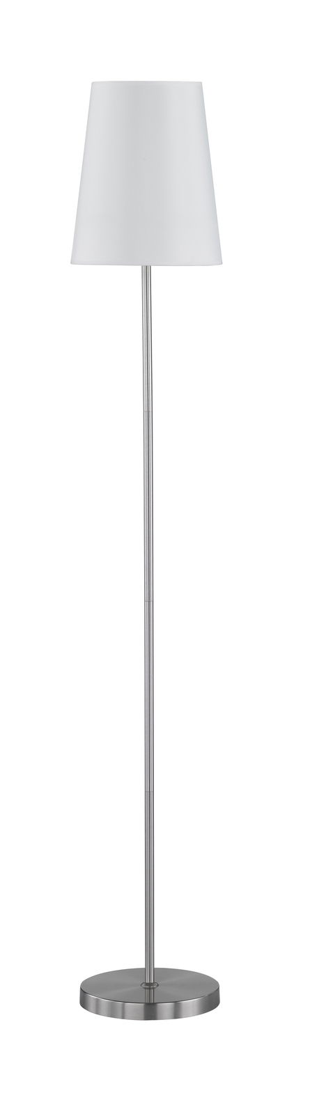 Moderne Stehleuchte mit weißem Lampenschirm und schlankem, silbernem Ständer, frontal abgebildet.