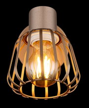 Moderne Deckenleuchte mit metallischem Käfig-Lampenschirm in Bronze/Goldoptik und warm leuchtendem Edison-Leuchtmittel, frontal von unten fotografiert vor schwarzem Hintergrund