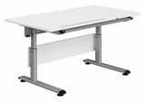 Moderner höhenverstellbarer Schreibtisch mit weißer Tischplatte und grauem Metallgestell, seitliche Perspektive