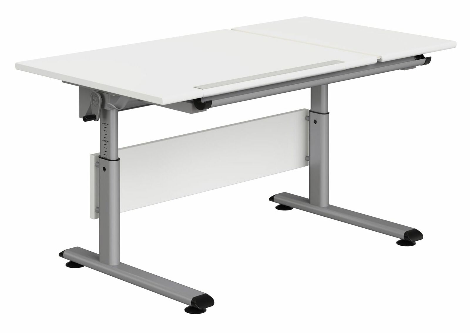 Moderner höhenverstellbarer Schreibtisch mit weißer Tischplatte und grauem Metallgestell, seitliche Perspektive