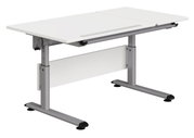 Moderner höhenverstellbarer Schreibtisch mit weißer Tischplatte und grauem Metallgestell, seitliche Perspektive