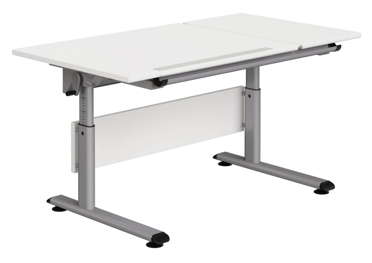 Moderner höhenverstellbarer Schreibtisch mit weißer Tischplatte und grauem Metallgestell, seitliche Perspektive