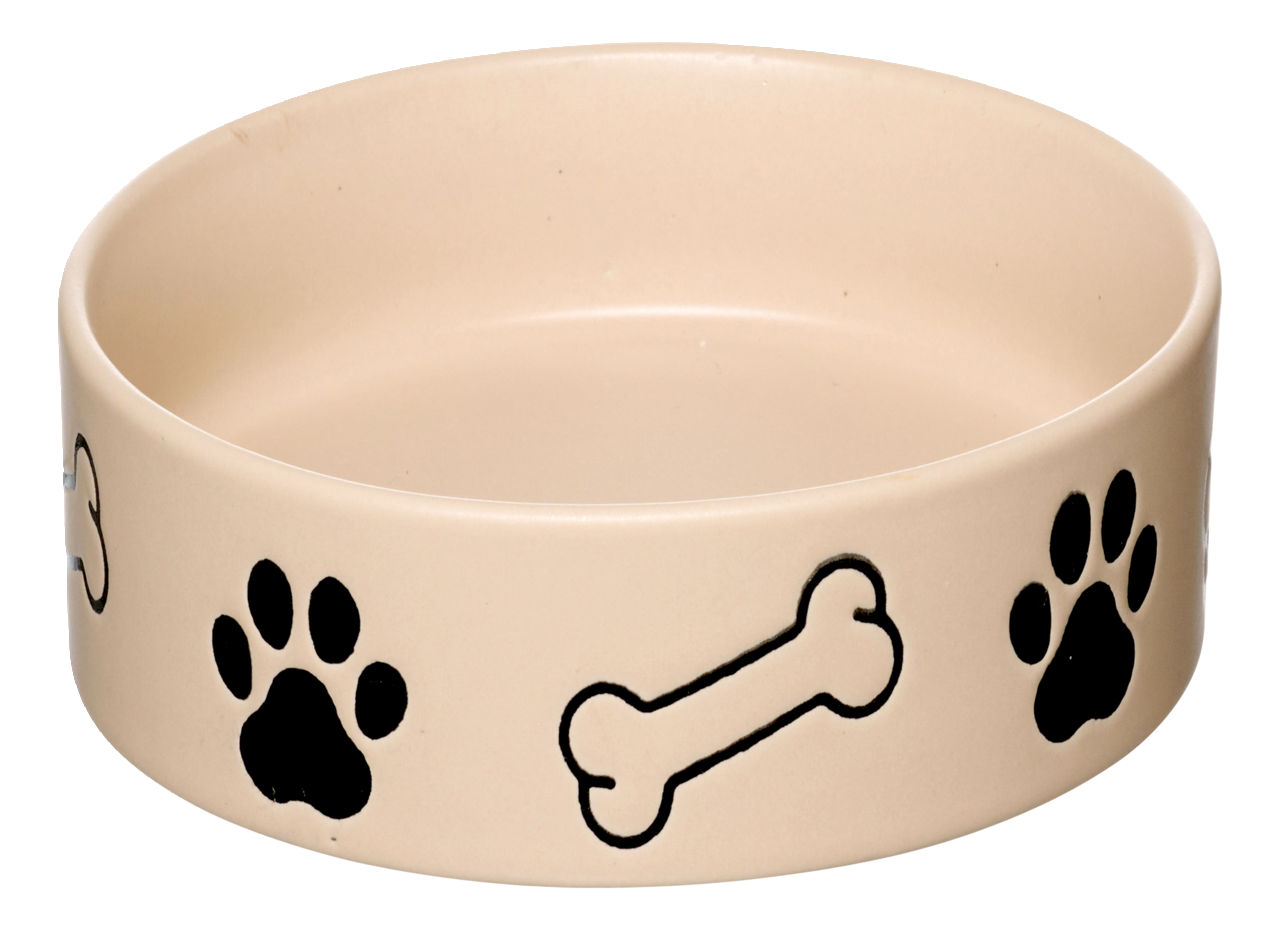 Beige Hundenapf mit schwarzen Pfotenabdrücken und Knochenmotiven, seitliche Perspektive