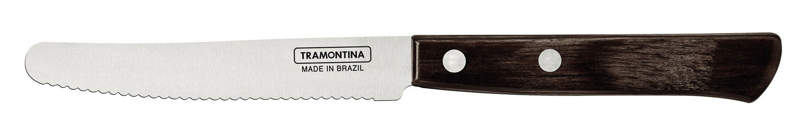 Frühstücksmesser mit gezackter Klinge und dunklem Holzgriff, seitliche Ansicht