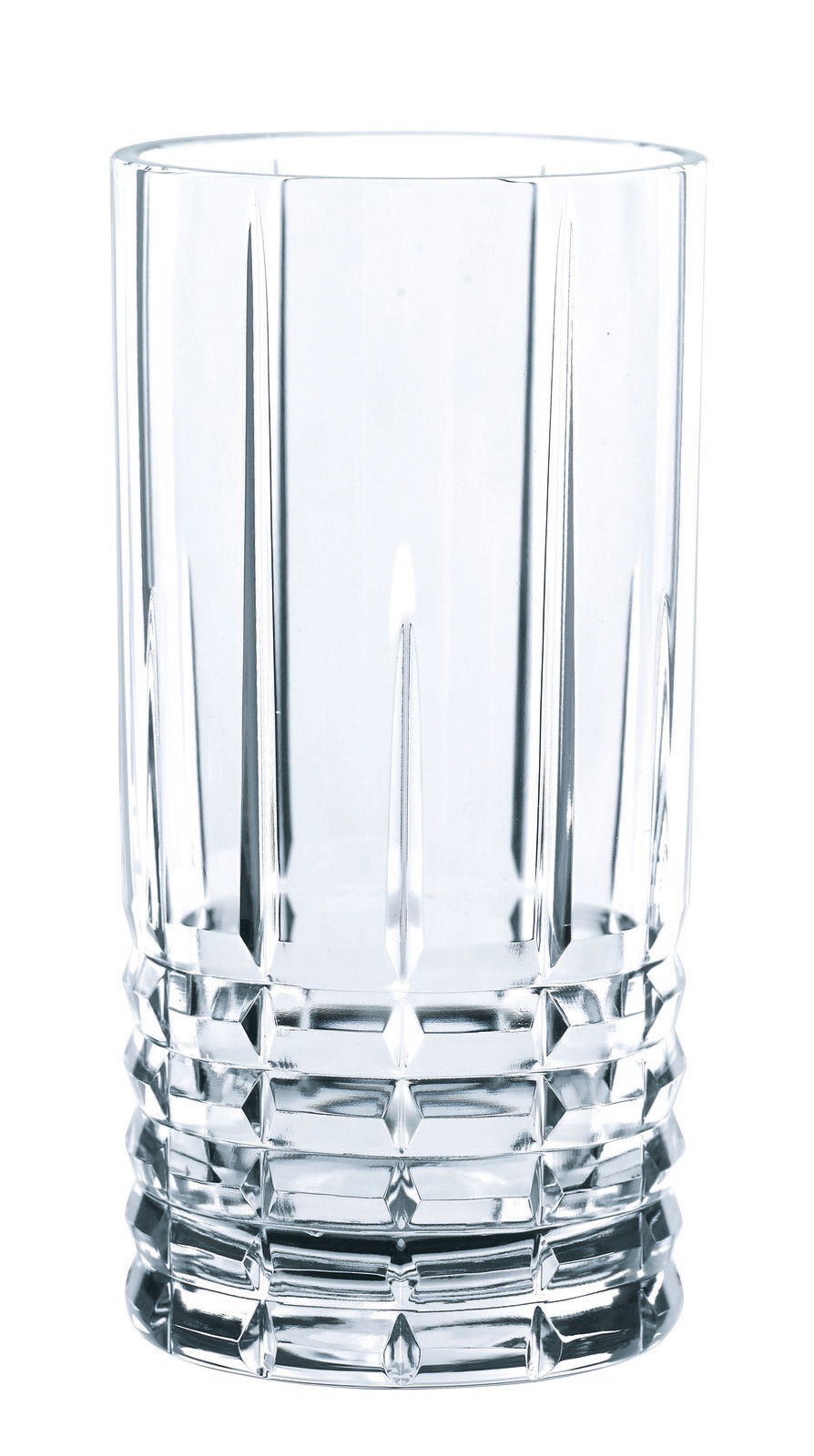 Hochwertiges Longdrinkglas mit facettiertem Design, seitliche Perspektive