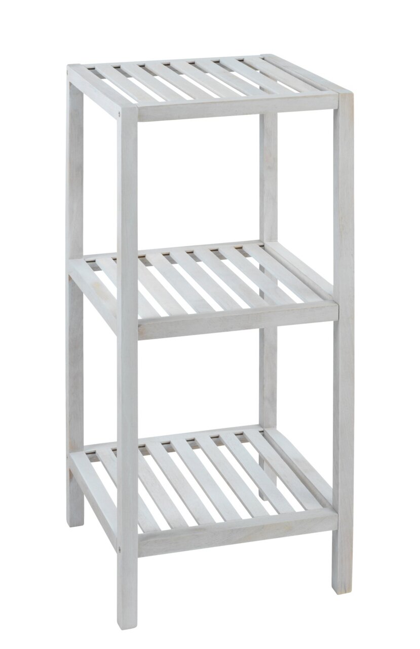 Weißes Holzregal mit drei Lattenböden, freistehend im minimalistischen Design, in schräger Frontansicht vor weißem Hintergrund