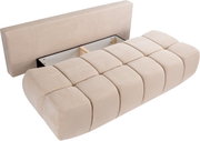 Beige Schlafsofa 2-Sitzer in Liegeposition mit Stauraum, seitliche Perspektive