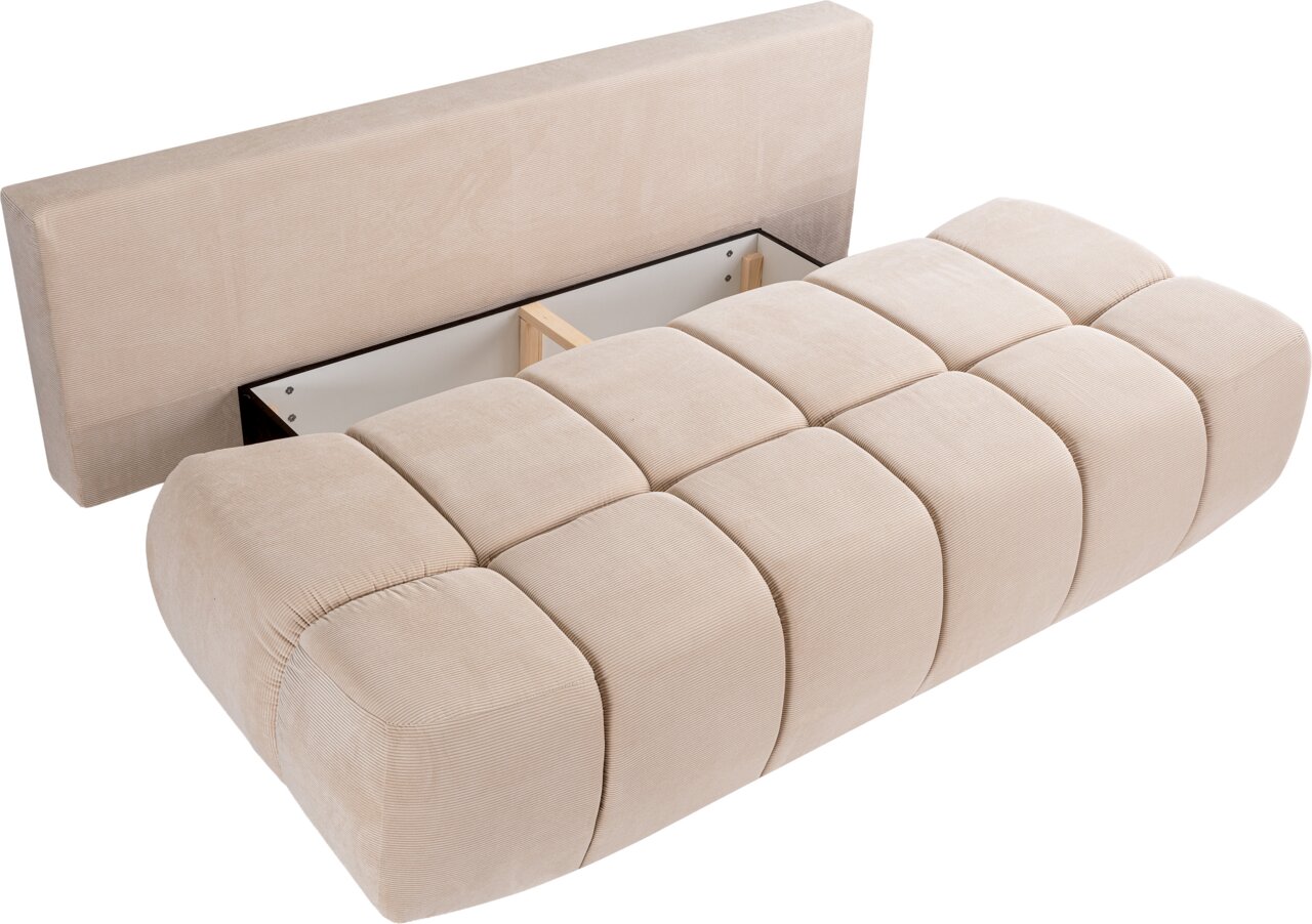Beige Schlafsofa 2-Sitzer in Liegeposition mit Stauraum, seitliche Perspektive