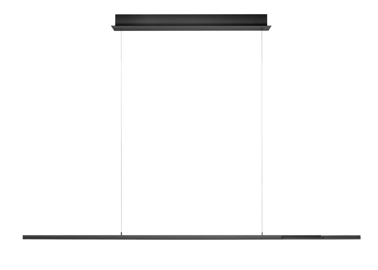 Moderne LED-hanglamp in minimalistisch design, gezien vanaf de voorkant. Slanke, horizontale lamp met twee dunne ophangingen.