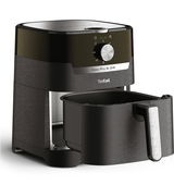 Schwarze Heißluftfritteuse EasyFry & Grill von Tefal mit herausgezogenem Frittierkorb, seitliche Perspektive.