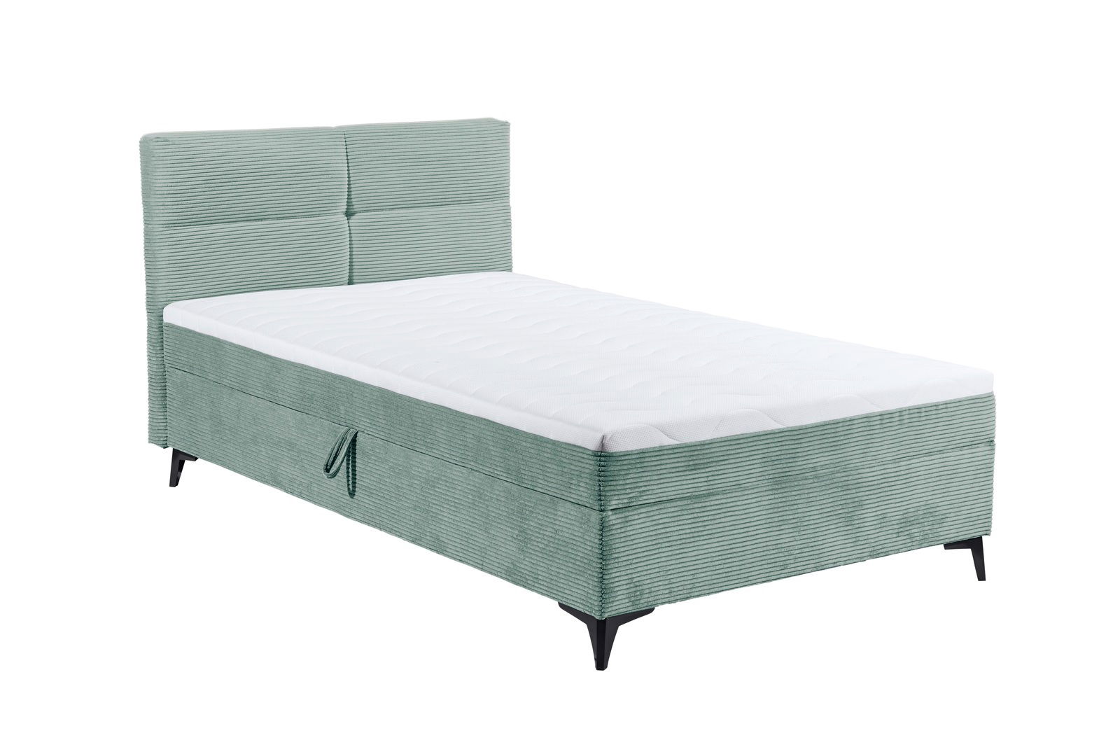 Boxbett in mintgrünem Stoff mit gestepptem Kopfteil und schwarzem Metallfuß, seitliche Perspektive