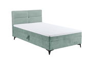 Boxbett in mintgrünem Stoff mit gestepptem Kopfteil und schwarzem Metallfuß, seitliche Perspektive