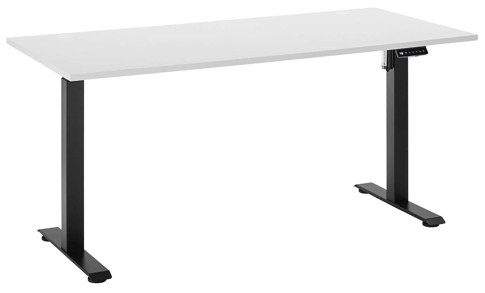 Moderner E-Schreibtisch mit weißer Tischplatte und schwarzen, höhenverstellbaren Beinen, seitliche Perspektive