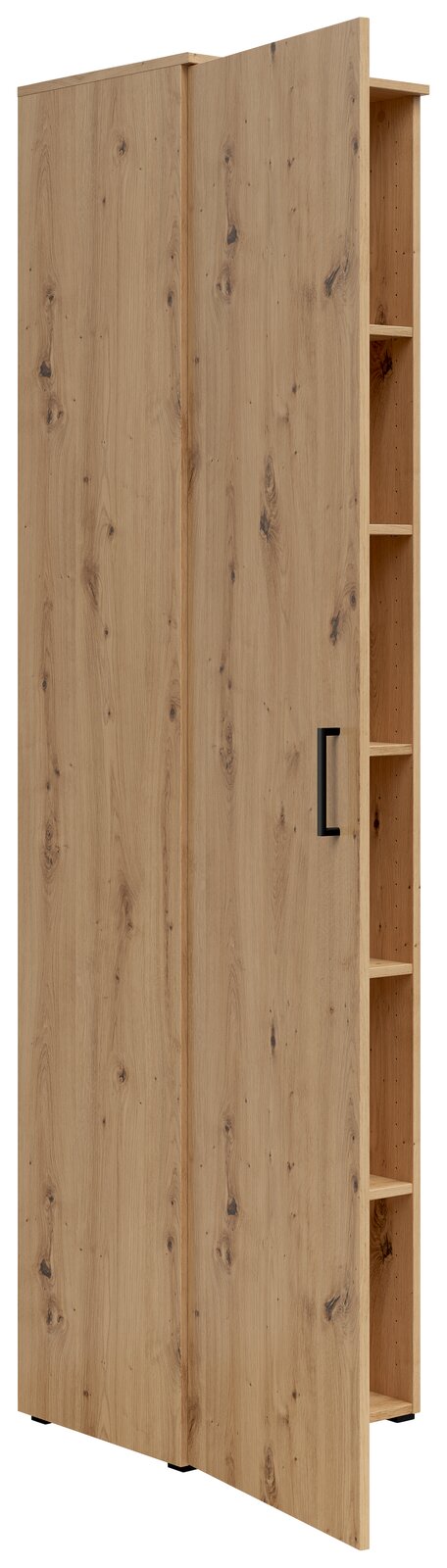 Mehrzweckschrank aus Holz mit seitlichen Regalfächern, Perspektive von vorne links