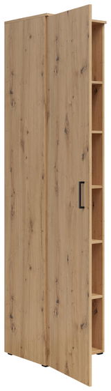 Mehrzweckschrank aus Holz mit seitlichen Regalfächern, Perspektive von vorne links
