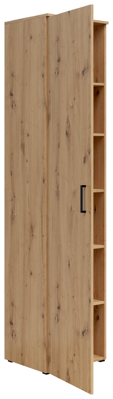 Multifunctionele houten kast met planken aan de zijkanten, gezien vanaf links vooraan