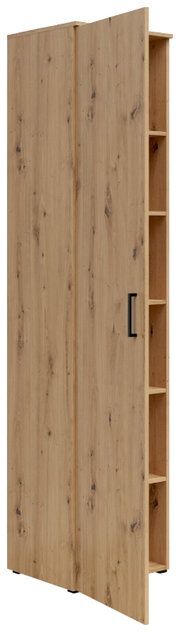 Multifunctionele houten kast met planken aan de zijkanten, gezien vanaf links vooraan
