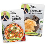 Zwei Verpackungen von Rachs Kochwerk: Pizza Burrata und Empanadas mit Hackfleisch, von oben fotografiert.