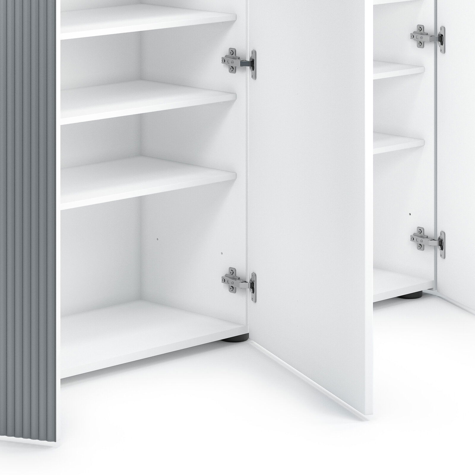 Offener XL-Schuhschrank mit mehreren weißen Regalböden, seitliche Perspektive